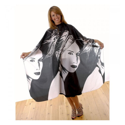 Water-repellent, crinkled shiny nylon gown with a stylish black and white portrait design. Press stud fastening allows adjustment to fit all. Static free.